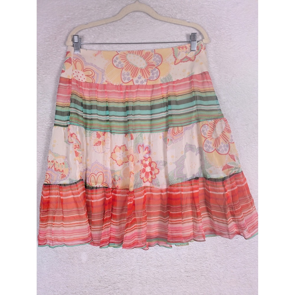 Mica Tiered Skirt Women's 8 Multicolor Floral Striped Silk Lined Side Zip USA